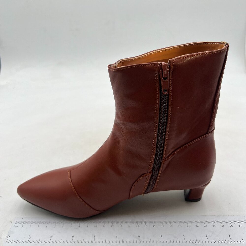 Brown Women Western Low Heel Side Zipper Short Boots Pointy Toe Ankle Boot